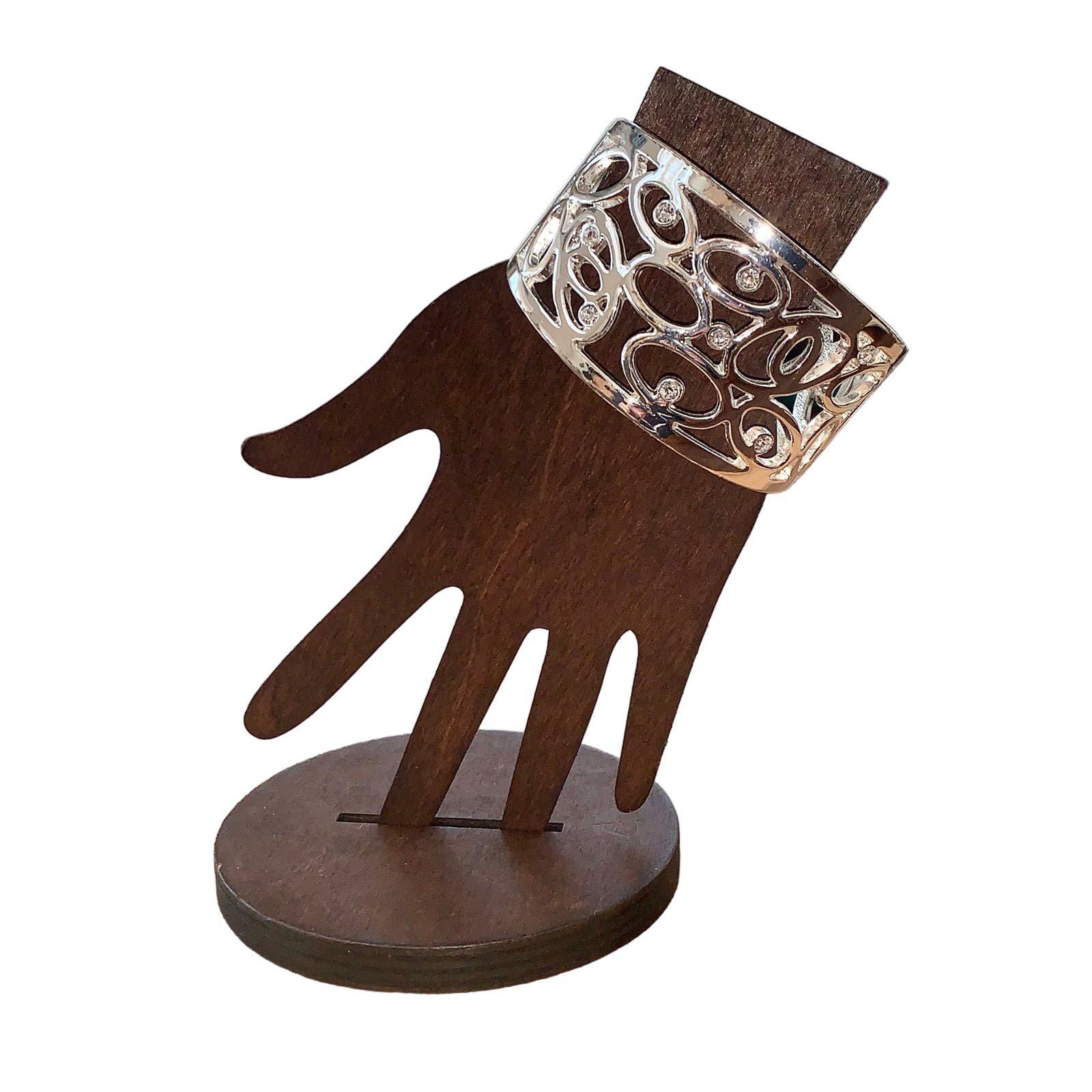 Silver Tone Crystal Scroll Hinged Cuff Bracelet